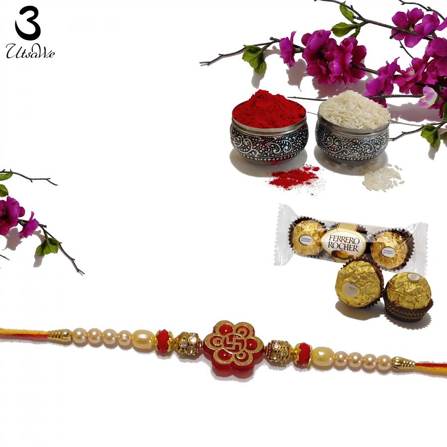 Swastika Carved RAKHI With Beads and Diamonds + Roli & Chaval Swastika Carved RAKHI With Beads and Diamonds + Roli & Chaval