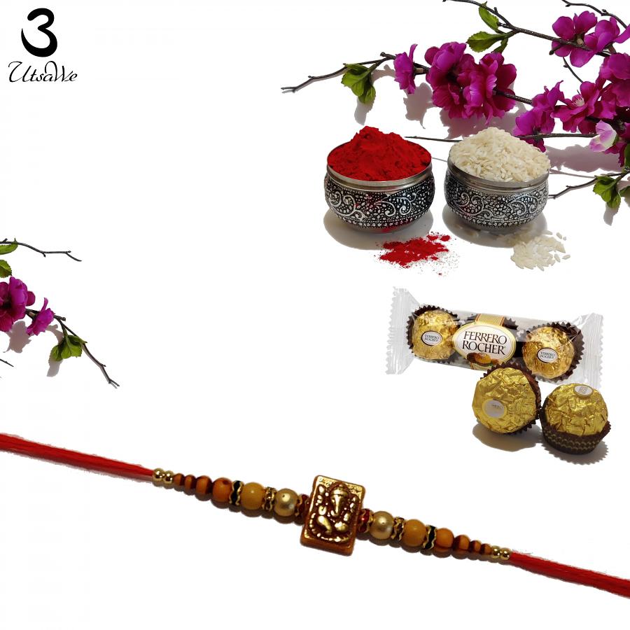 Ganesh RAKHI W/ Gold and Wooden Beads + Roli & Chaval