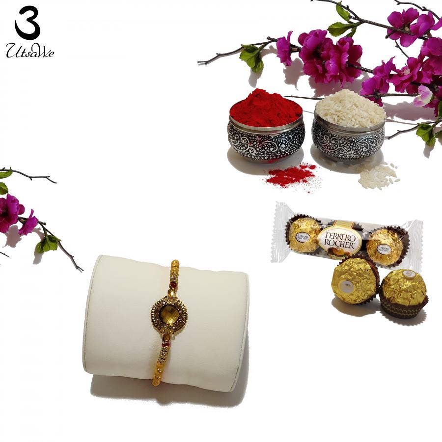 Aesthetic Rakhi W/ a Amber Gem Stone Surrounded in Gold + Roli & Chaval Aesthetic Rakhi W/ a Amber Gem Stone Surrounded in Gold + Roli & Chaval