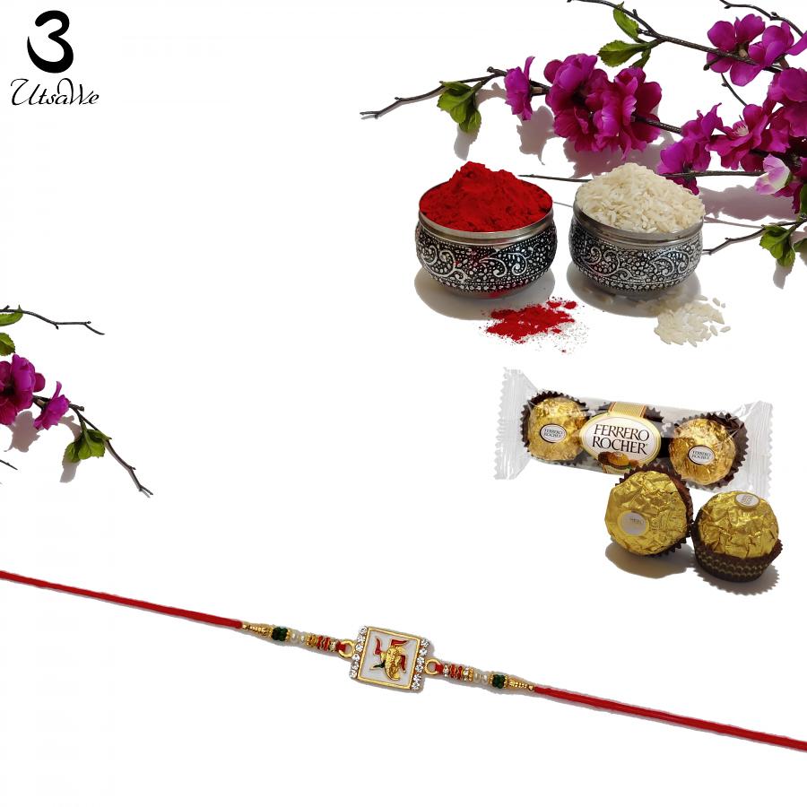 Spiritual Mina RAKHI W/ Load Ganesh in Gold + Roli & Chaval  