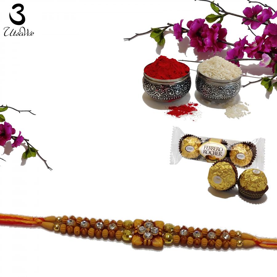 Fancy Wooden RAKHI with Elegant Diamonds on Top + Roli & Chaval