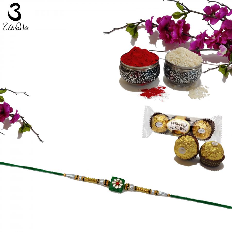 Semi Precious Stone and Kundan RAKHI in Green + Roli & Chaval Semi Precious Stone and Kundan RAKHI in Green + Roli & Chaval