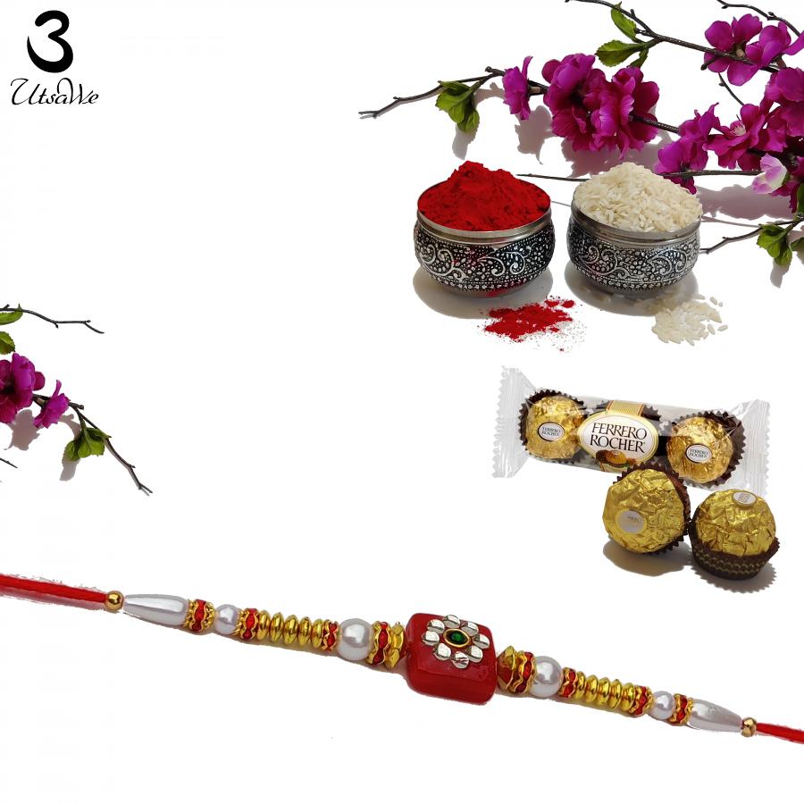 Semi Precious Stone and Kundan RAKHI in Red + Roli & Chaval Semi Precious Stone and Kundan RAKHI in Red + Roli & Chaval