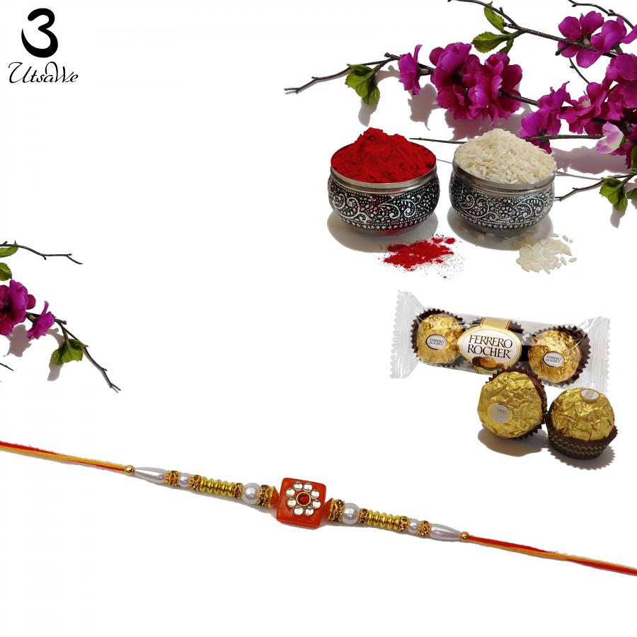 Semi Precious Stone and Kundan RAKHI in Orange + Roli & Chaval Semi Precious Stone and Kundan RAKHI in Orange + Roli & Chaval