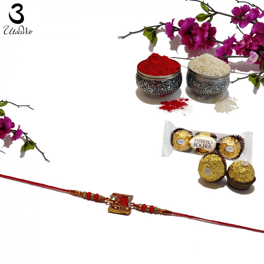 Blissful Rakhi W/ Ruby Like Stone Surrounded W/ Craft + Roli & Chaval