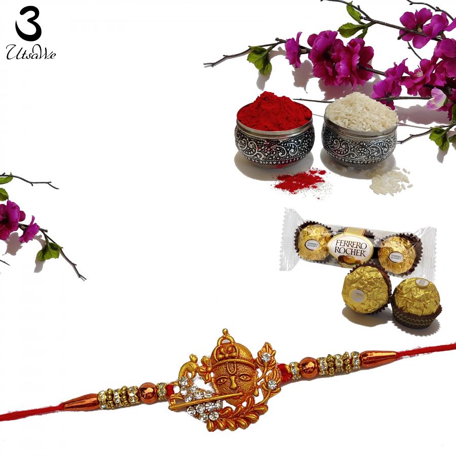 Handcrafted Krishna Rakhi W/ Polished Crystal Diamonds + Roli & Chaval Handcrafted Krishna Rakhi W/ Polished Crystal Diamonds + Roli & Chaval