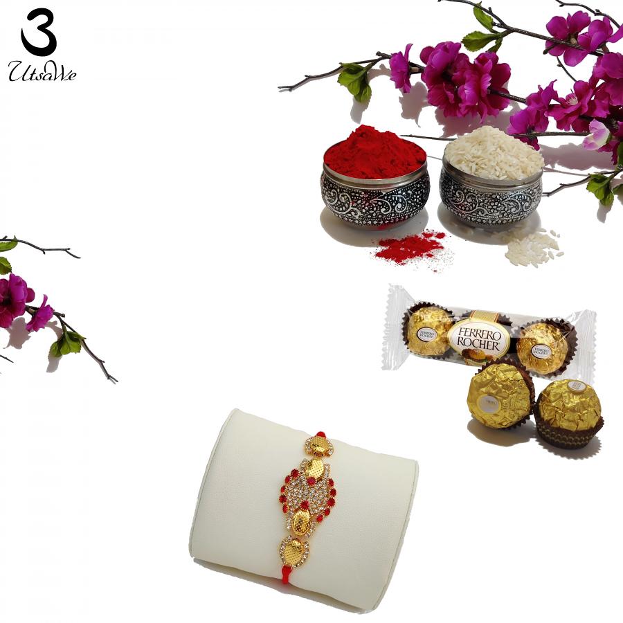 Lustrous Diamond & Rose Jewel Rakhi W/ Rajasthani Pendants + Roli & Chaval