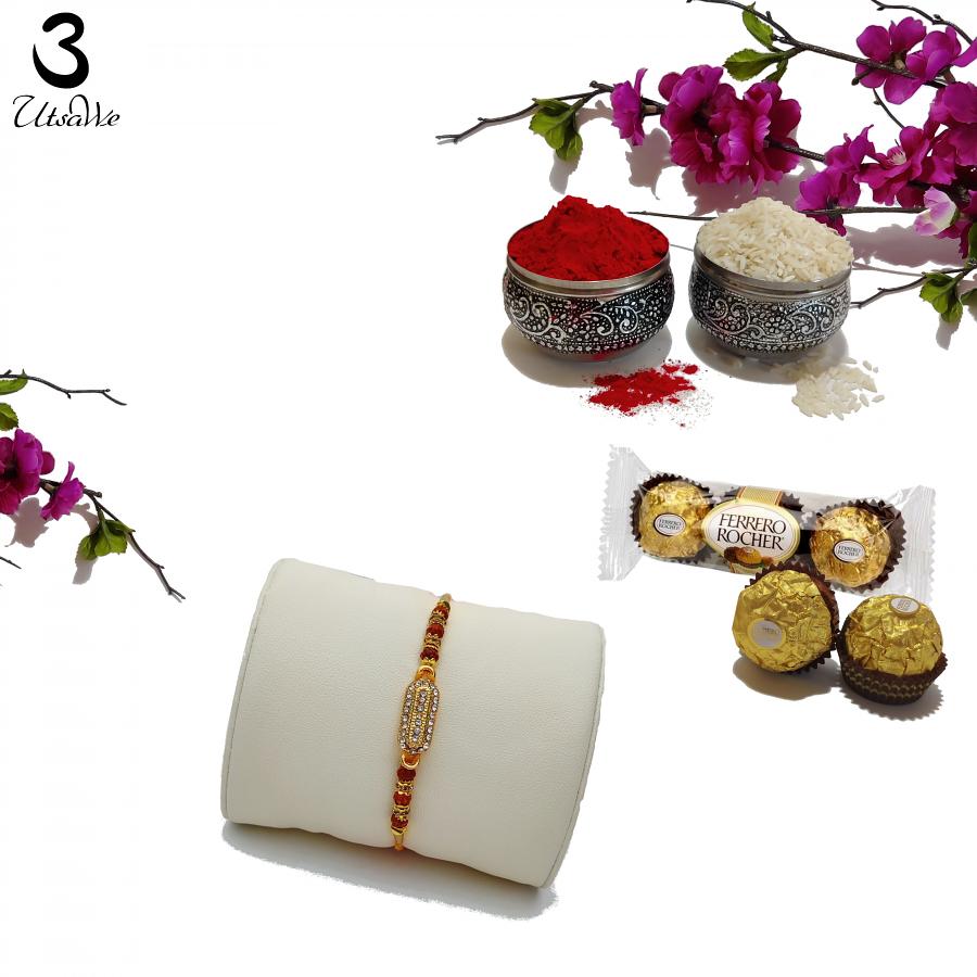 Elegant Rudraksh Rakhi W/ Golden Diamond Pendent + Roli & Chaval