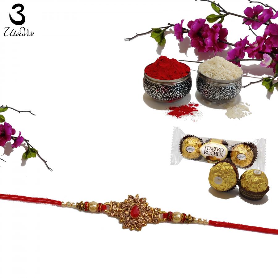 Elegant Coral Rakhi Swirled W/ Mahogany Diamonds & Peals + Roli & Chaval