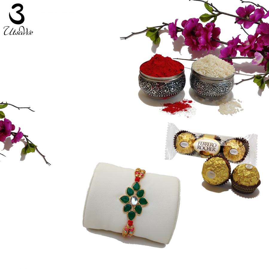 Emerald Rakhi with Golden Fringe and Vibrant Beads + Roli & Chaval
