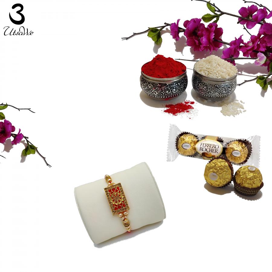 Ruby Stone rakhi Engraved W/ Gold Design & Polished Pearls + Roli & Chaval