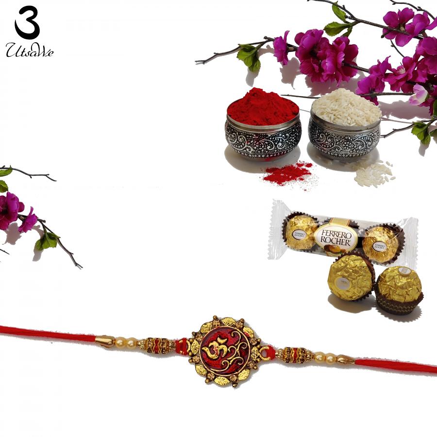 Golden Om Mina Rakhi With Traditional Handcrafted Ornaments + Roli & Chaval