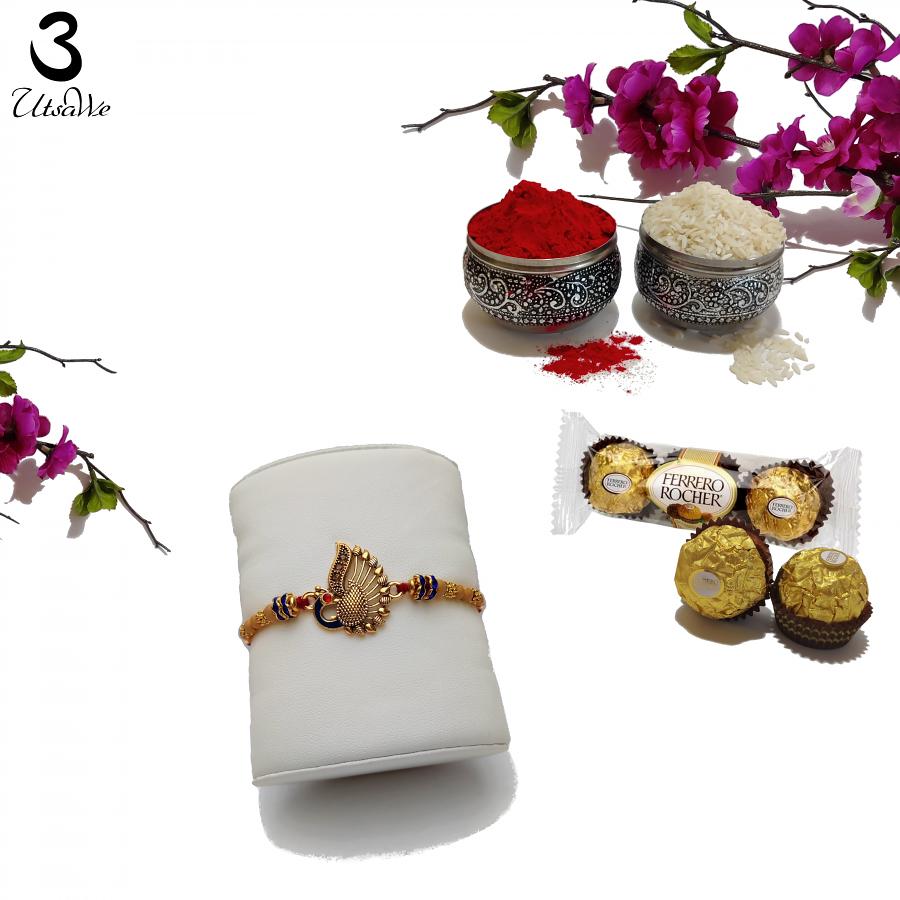 Designer Peacock rakhi with Wooden Ornaments and Beads + Roli & Chaval