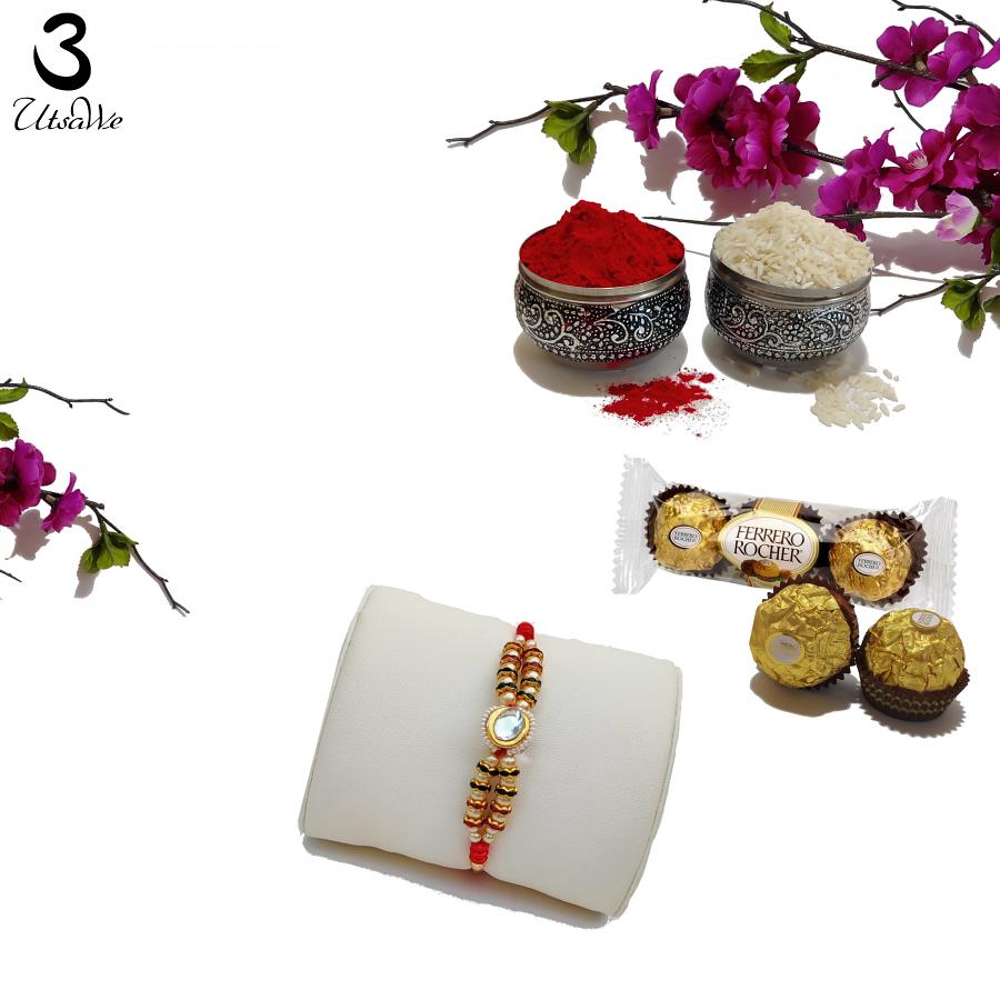 Royal Golden RAKHI Handcrafted W/ a Gemstone and Beads + Roli & Chaval