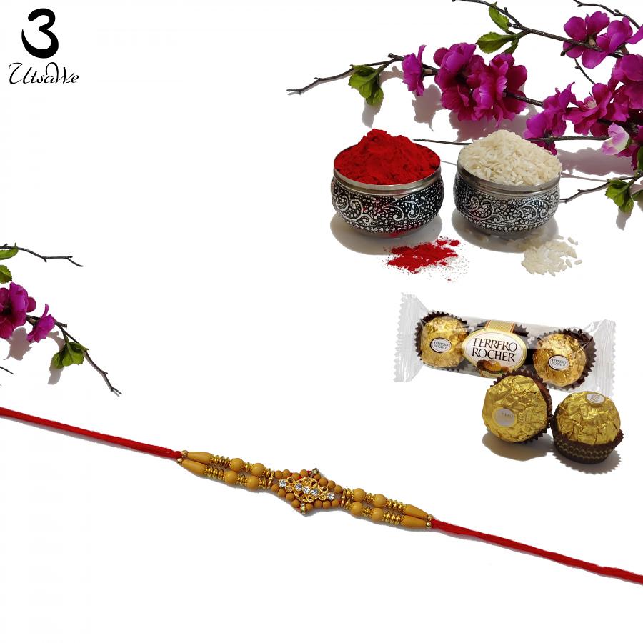 Wooden RAKHI with Traditional Handcrafted Ornaments + Roli & Chaval Wooden RAKHI with Traditional Handcrafted Ornaments + Roli & Chaval