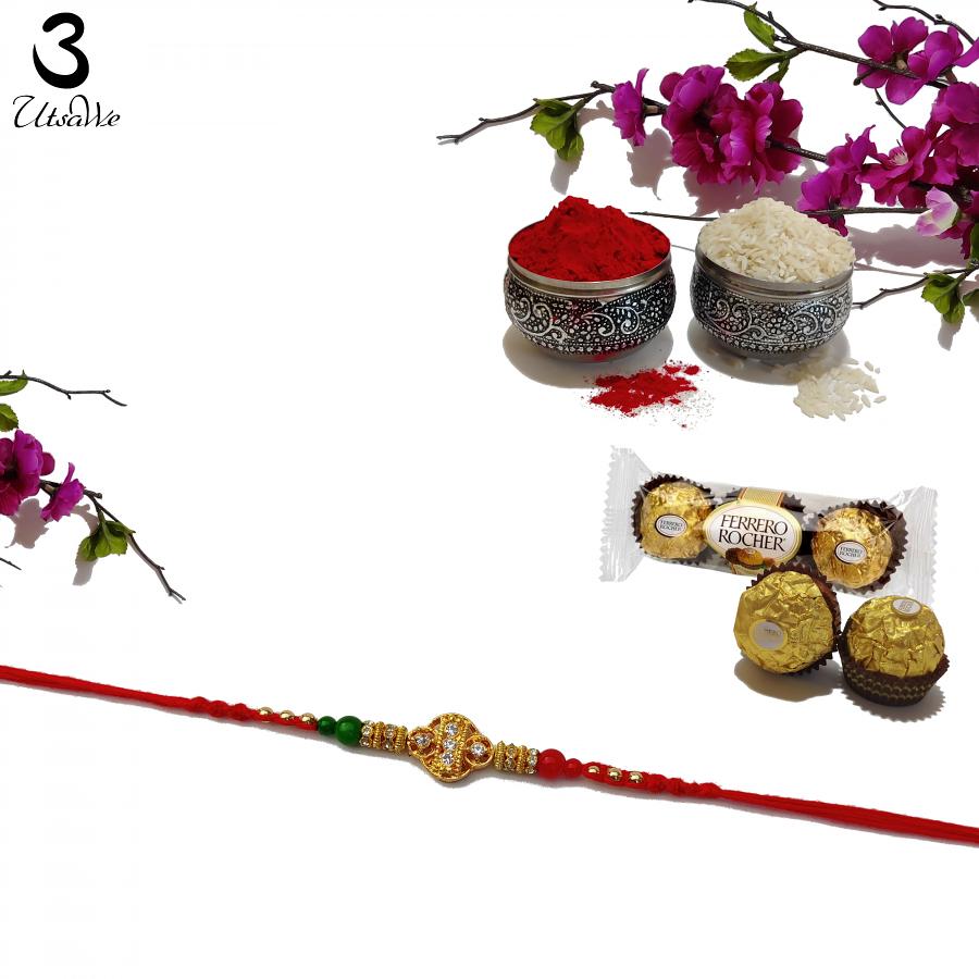 Trendy Gold Pendent RAKHI W/ Diamonds & Eye-Catching Beads + Roli & Chaval Trendy Gold Pendent RAKHI W/ Diamonds & Eye-Catching Beads + Roli & Chaval