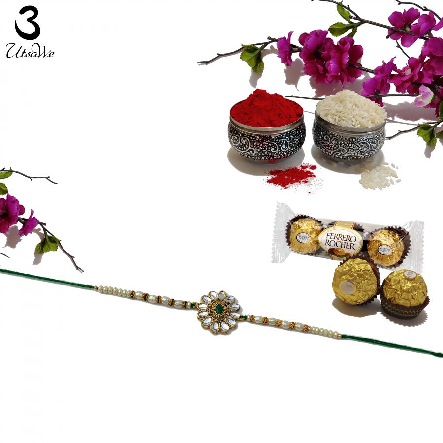Antique Kundan Rakhi W/ an embedded Emerald like Stone + Roli & Chaval