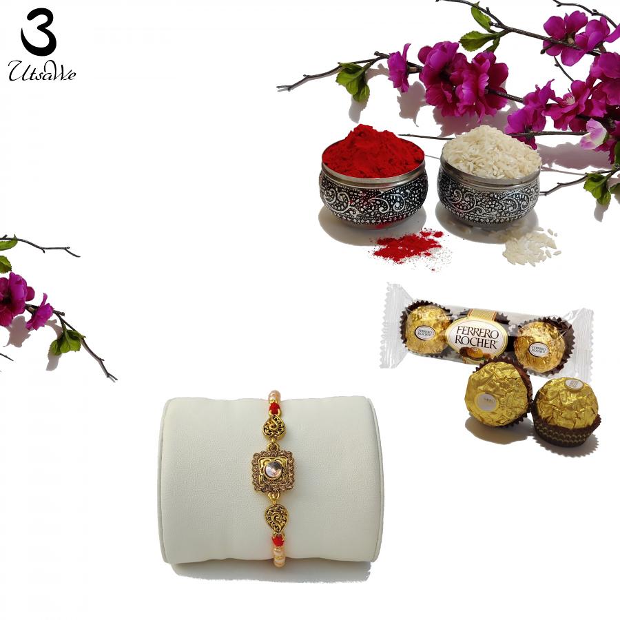 Antique Rakhi Designed with Mahogany Diamonds and Pearls + Roli & Chaval