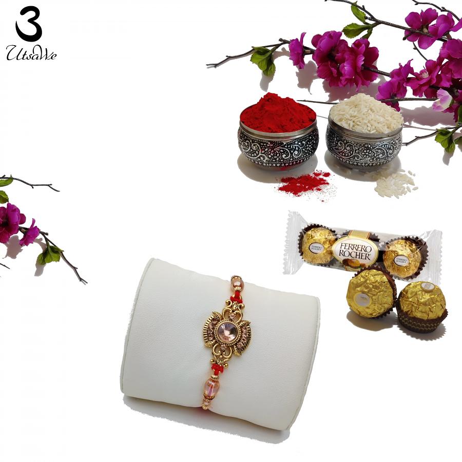 Royal Golden RAKHI Handcrafted W/ a Rose Pink Stone & Beads + Roli & Chaval