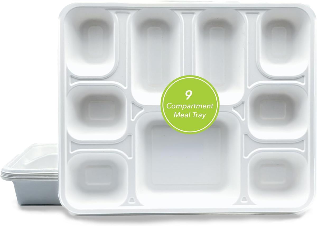 200 Pcs Three Leaf 9 Compartment Bagasse Rectangular Plate / Thali / Plate