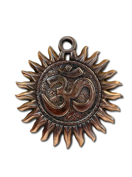 Black Metal Antique Wall Hanging Decor of Sun W/ Om Symbol - 9.75" Black Metal Antique Wall Hanging Decor of Sun W/ Om Symbol - 9.75"
