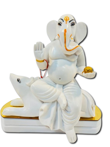 White Fiber in Marble Finishing Ganesh Statue W/Mouse - 6.5" White Fiber in Marble Finishing Ganesh Statue W/Mouse - 6.5"
