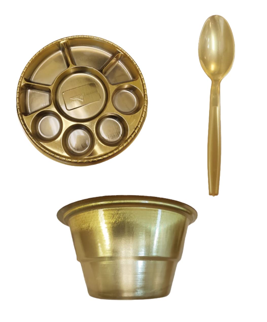 9 Compartment Disposable Gold Plates - Indian Thali Plastic Tray - 100 w/ Spoon & Bowl 9 Compartment Disposable Gold Plates - Indian Thali Plastic Tray - 100 w/ Spoon & Bowl