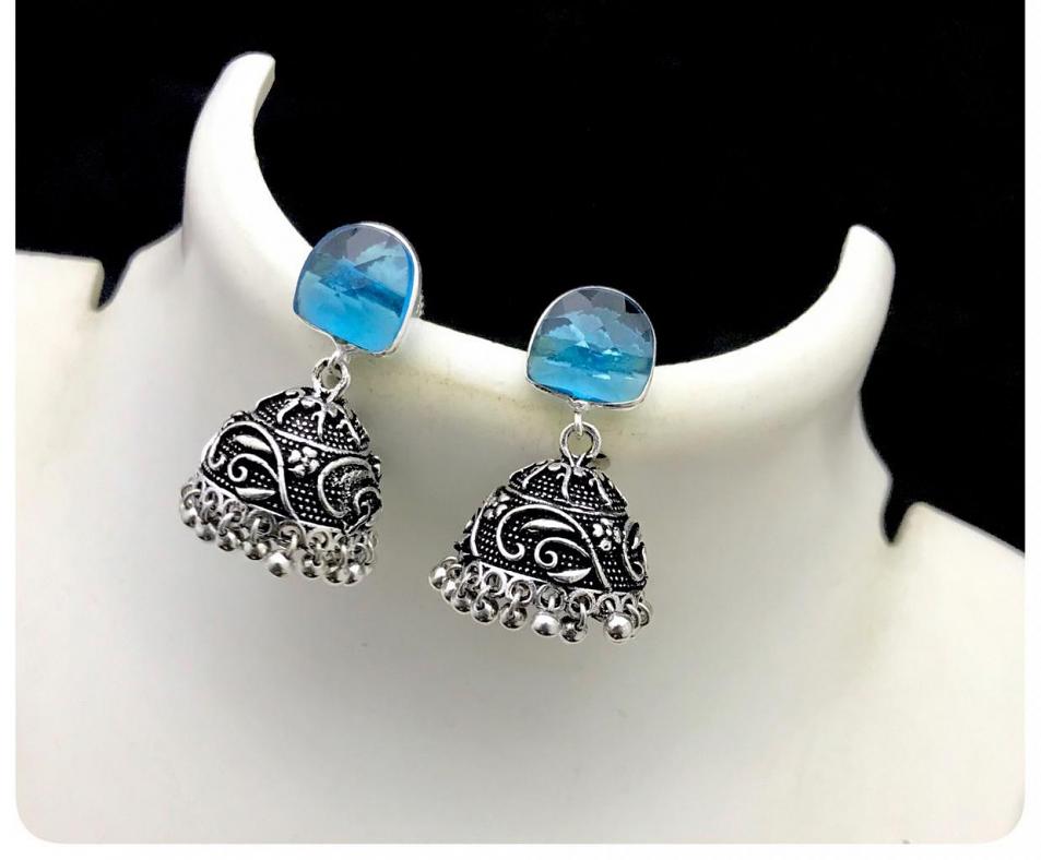 Beautiful Traditional Earring in Oxidized with Blue Stone
