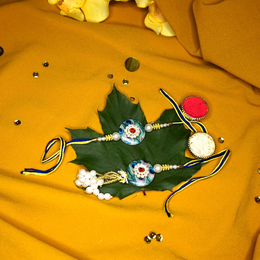 Peacock Feather Single Stone Bhaiya Bhabhi Rakhi + Roli & Chaval