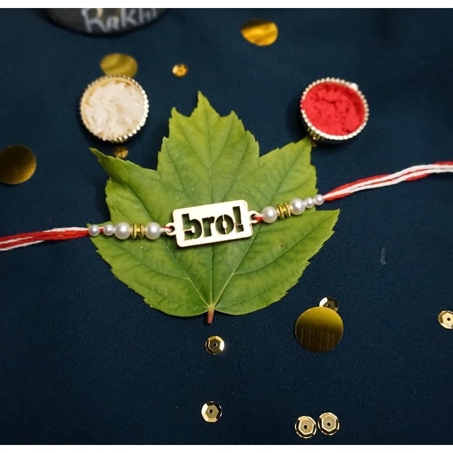 Unique Wooden Customized BRO Rakhi W/ polished pearls & Beads + Roli/Chaval