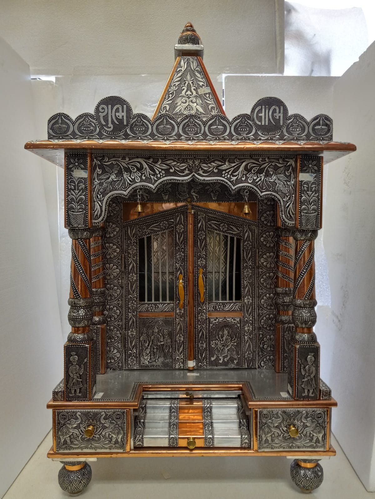 Aluminum Copper Oxidized Plated Temple Bells on Top w/Doors 21.5 x 16 x 39" Aluminum Copper Oxidized Plated Temple Bells on Top w/Doors 21.5 x 16 x 39"