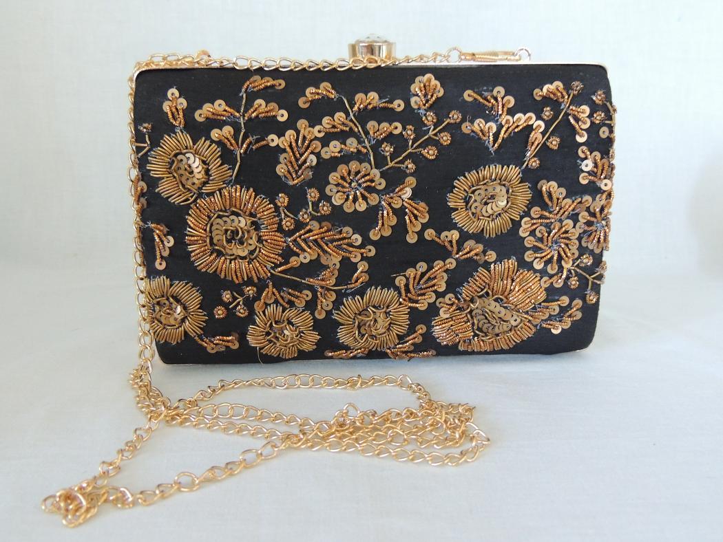 Ijveraar Bloeien twist Black Handmade Clutch with Golden Floral Embroidery #29640 | Buy Online @  DesiClik.com, USA