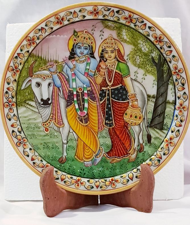 Radha Krishna Picture on Marble Plate & Stand 9"