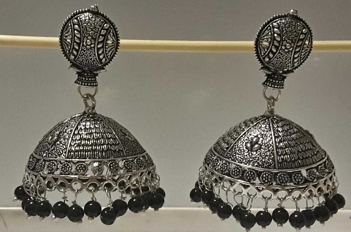 Jhumki in German Silver Anique Finish with Black Beads Jhumki in German Silver Anique Finish with Black Beads