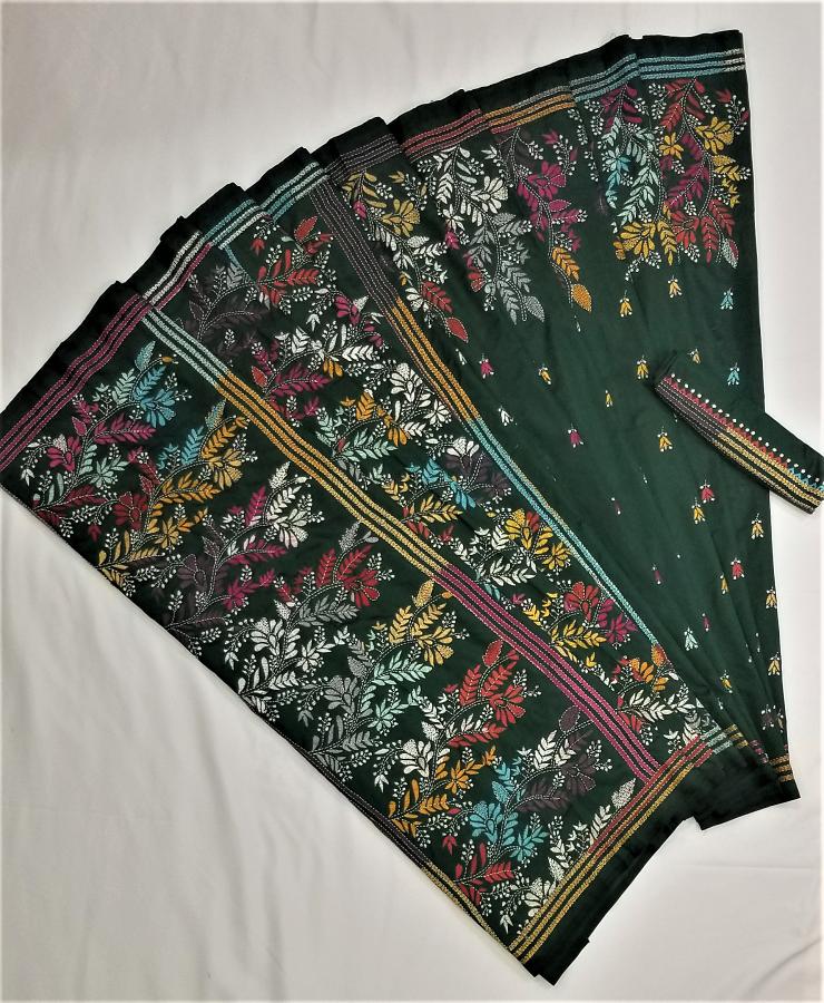Moongia Green Banglori Silk Full embroidery Kantha work