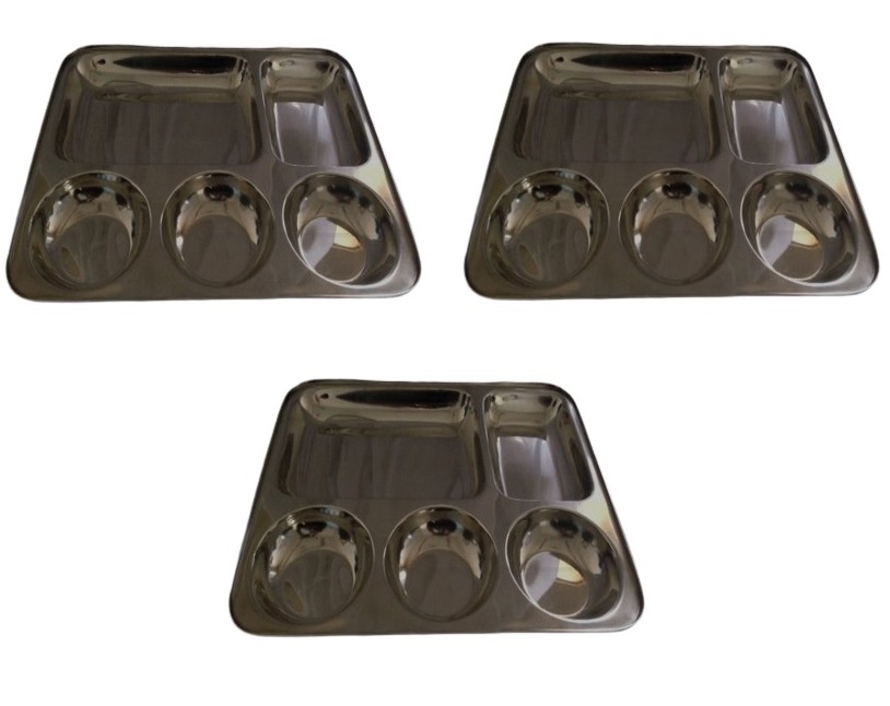 3 Pcs Stainless Steel Rectangle 5 Compartment Meal Thali Plate Tray