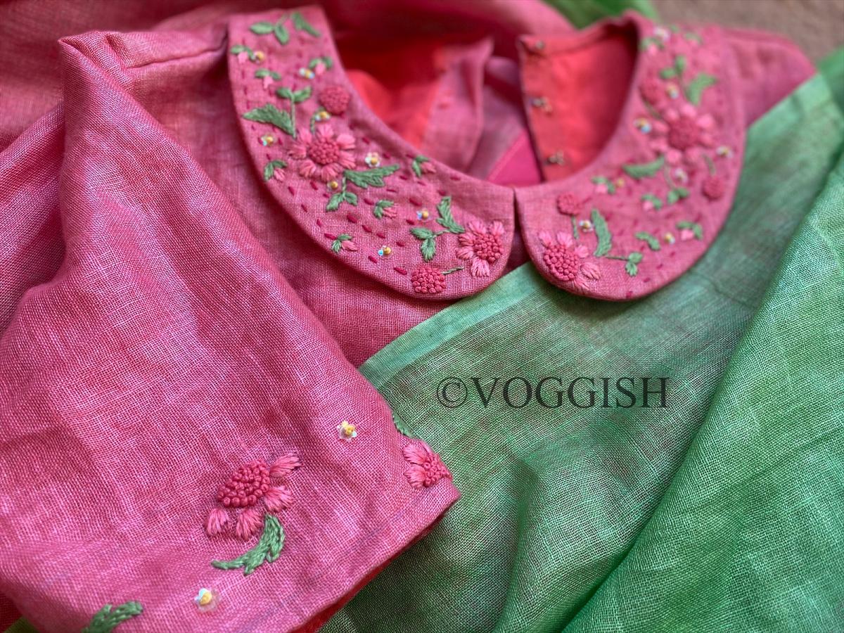 Pure Linen Saree in Pink & Green w/ Embroidered Blouse 