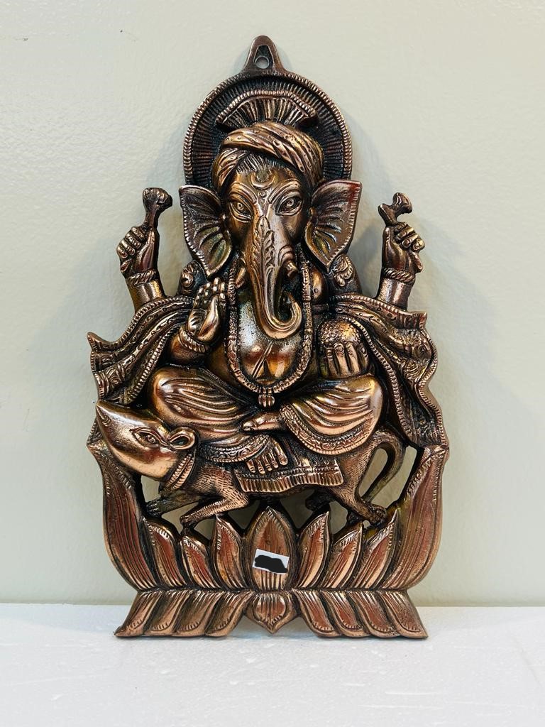 Black Metal Antique Wall Hanging Decor of Ganeshji on Kamal - 12.25"