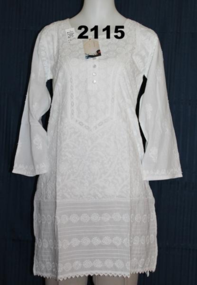 White Cotton Kurti Tunic Shirt w/ Embroidery M-L