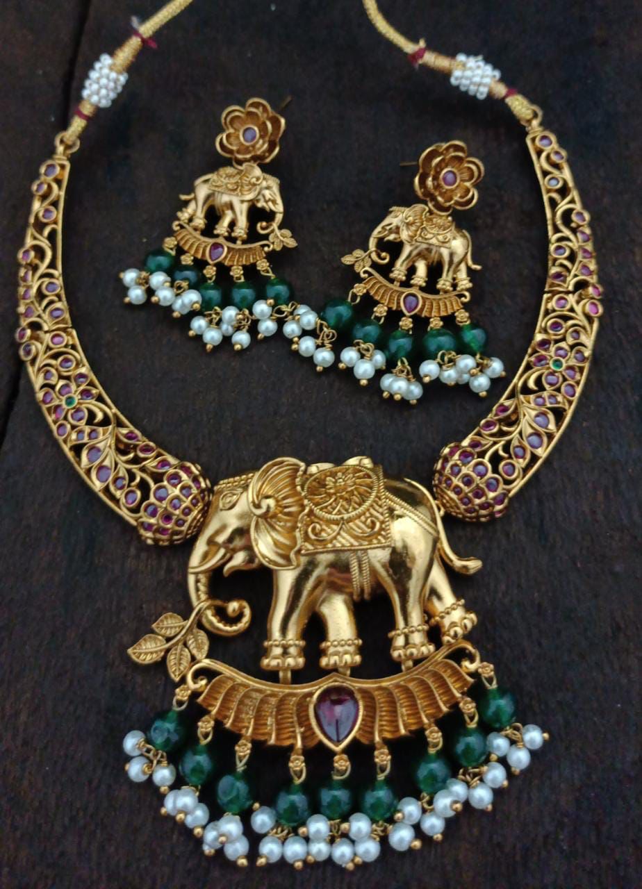 Temple Style Gold Finish Elephant Pendant Necklace with Earrings!!!
