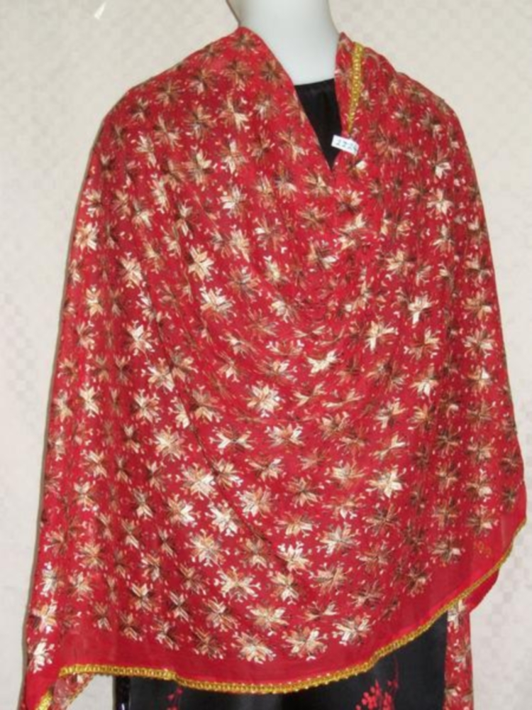 Phulkari Stole, Red Gold Dupatta Scarf for Women