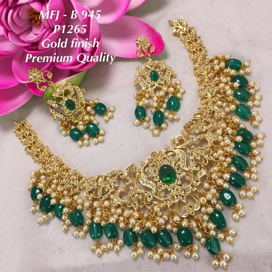 Grand Gold Finish Guttapusalu Necklace with Earrings- Emerald and White AD Grand Gold Finish Guttapusalu Necklace with Earrings- Emerald and White AD