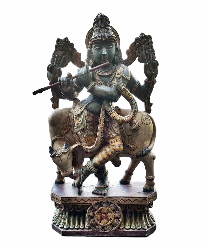 3 Ft Tall Murti, Handcrafted Antique Large Lord Krishna Idol