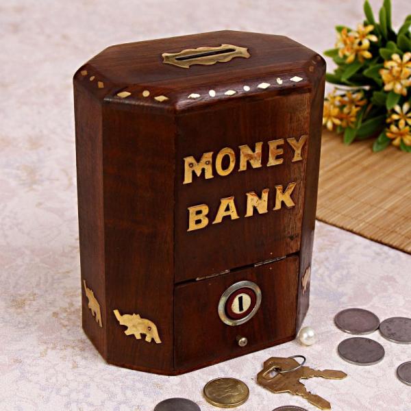 Octagonal Wooden Home decor Chest w/ Money Bank