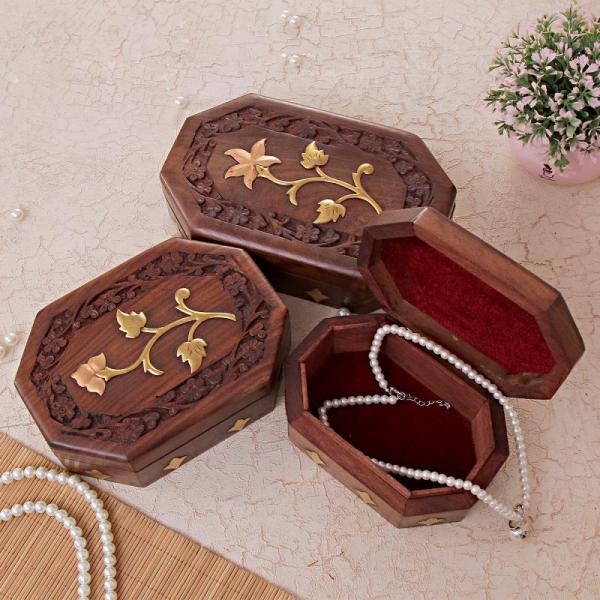 Octagonus Wooden Jewelry Box Set w/ Brass Floral Design (3 PCs)