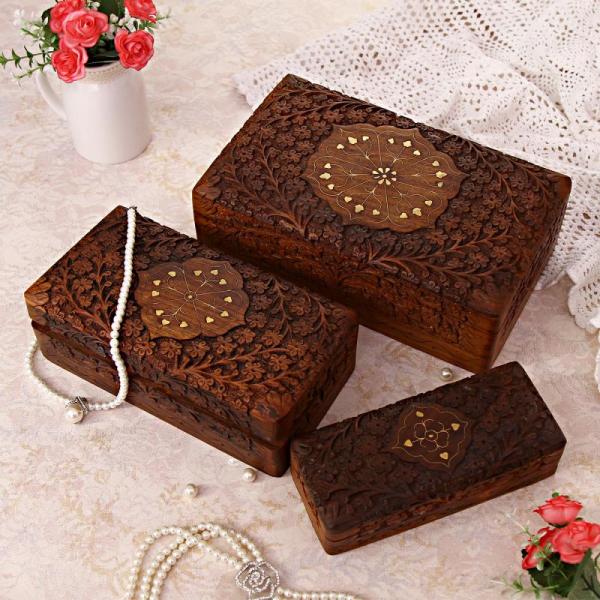 Intricate Floral Design Maple Gold Jewelry Box Set 3 Pcs