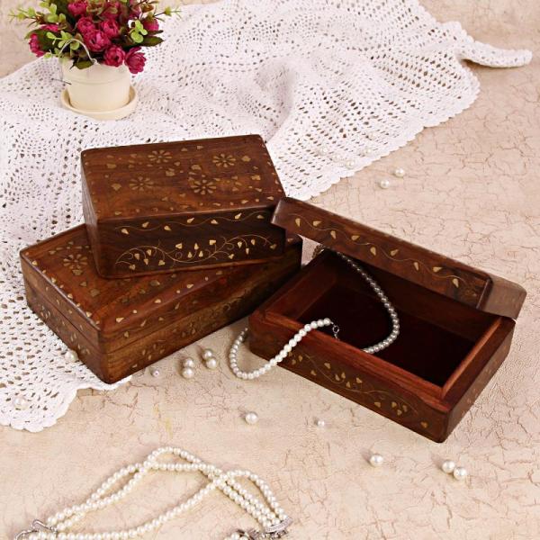 Golden Gloss Wooden Jewelry Box Set 3 Pcs
