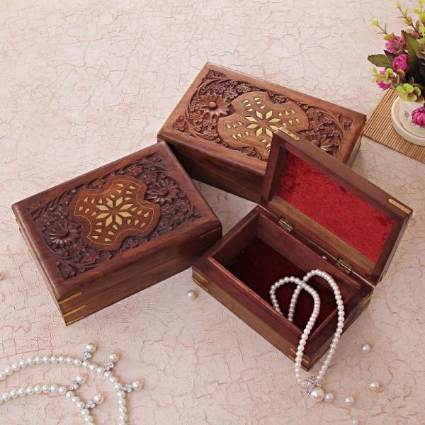 Floral Pattren Set of 3 Artistic Wooden Jewellery Boxes