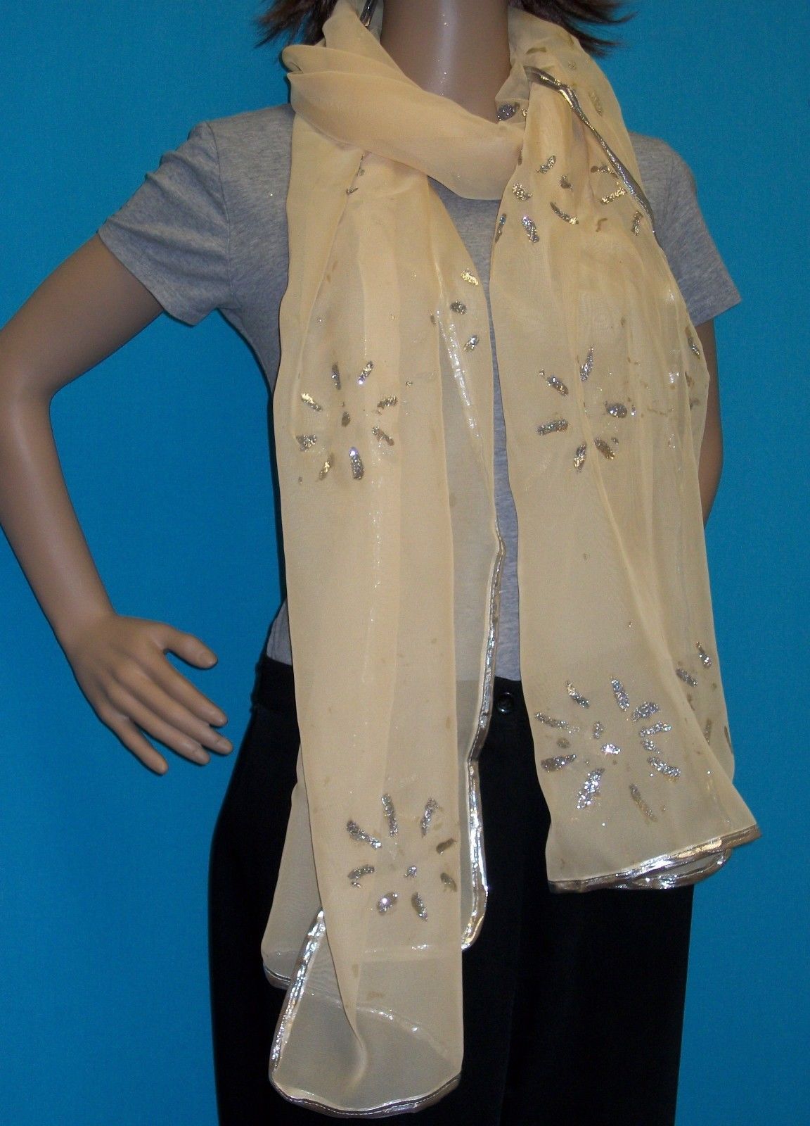 Mustard Georgette Dupatta Chunni Stole w/ Silver Glitter Work #2421 Mustard Georgette Dupatta Chunni Stole w/ Silver Glitter Work #2421