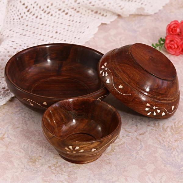 Wooden Bowl Set w/ Inlay Work & Glossy Finish 3 Pcs 29822 Buy